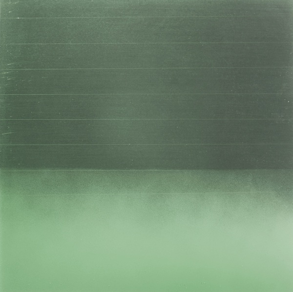 Miya Ando, Prayer Flag Green, 2013. Dye, Pigment, Phosphorescence, Lacquer & Resin on Aluminum Plate 12 in x 12 in x 1 in (30.48 cm x 30.48 cm x 2.54 cm) The color green represents water and stands for meaningful action.
