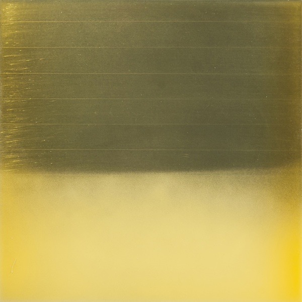 Miya Ando, Prayer Flag Yellow, 2013. 12x12 inches, dye, phosphorescence pigment and resin on aluminum plate.