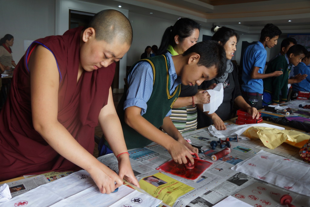 Tibetan Buddhist nuns at block printing workshop