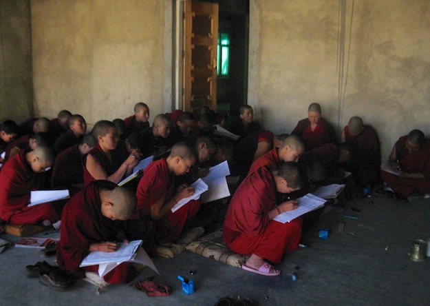 Buddhist nuns studying outdoors Sherab Choeling 2014