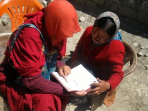 Sherab Choeling nun teaching a woman in Spiti