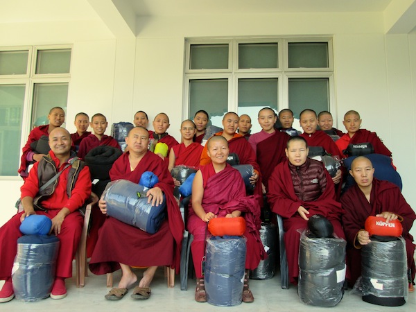 Sakya nuns with gifts of sleeping bags