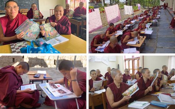 Collage of new textbooks at Dolma Ling Nunnery