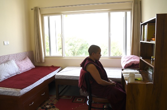 A Tibetan Buddhist nun studies in new housing block at Dolma Ling Nunnery May 2025