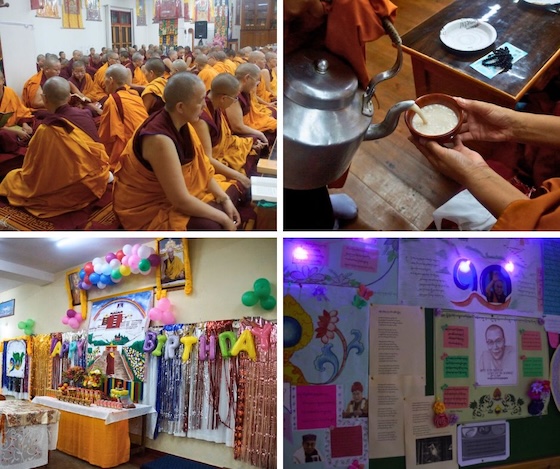 Collage at Dolma Ling Nunnery of prayers and celebrations for Dalai Lama's 90th birthday.