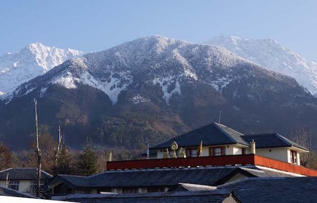 Dolma Ling Nunnery, snow mountains, Dhauladhar range, Indian Himalayas, winter in the nunneries