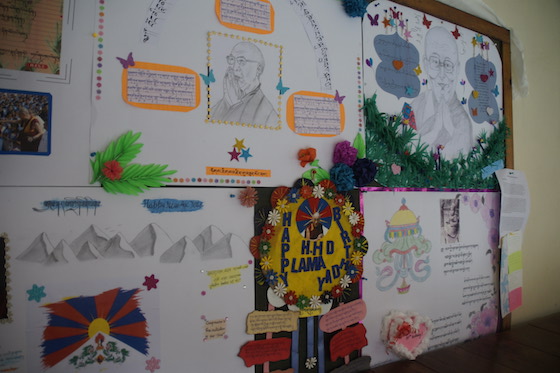 Bulletin board at Dolma Ling Nunnery and Institute with special birthday messages from the nuns to His Holiness the Dalai Lama.