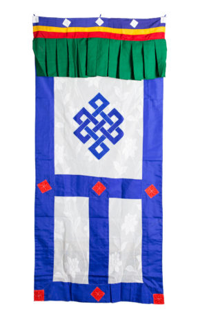 Tibetan Door Hanging with white cotton and the eternal knot symbol in center panel