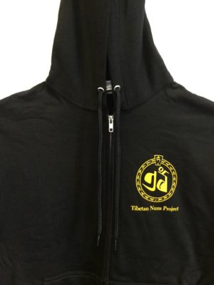 TNP Hoodie black is made of 50/50 cotton and polyester blend with the Tibetan Nuns Project logo on front and back.