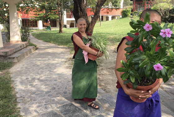 flowers of Dolma Ling, Tibetan nuns carrying flowers