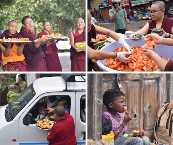 food offerings by the Tibetan Buddhist nuns at Shugsep Nunnery as part of the celebrations of His Holiness the Dalai Lama's 90th birthday.