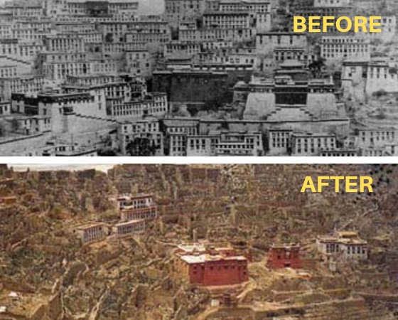 Cultural Revolution inTibet, monastic university, Ganden Monastery, one of the three great monastic universities in Tibet, before and after the Chinese Cultural Revolution.