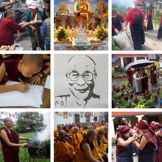 collage of some of the many ways that the nuns celebrated His Holiness the Dalai Lama's 90th birthday in 2025.