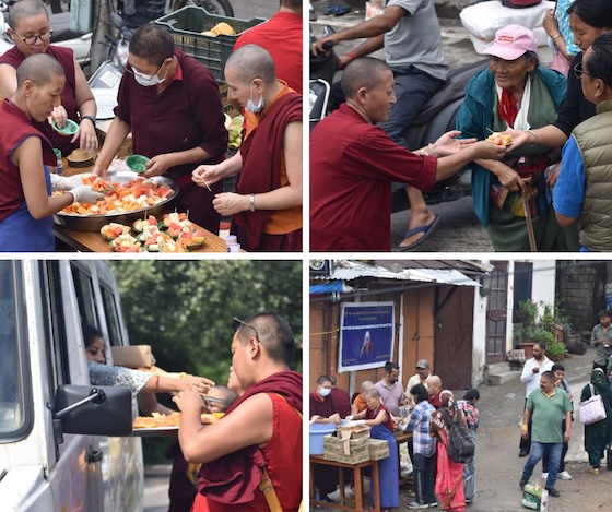 food offerings by the Tibetan Buddhist nuns at Shugsep Nunnery as part of the celebrations of His Holiness the Dalai Lama's 90th birthday.