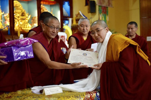 Geshema, Tantric studies, Kalon Ven Karma Gelek Yuthok conferring certificate to a Geshema Tenzin Phende CTA