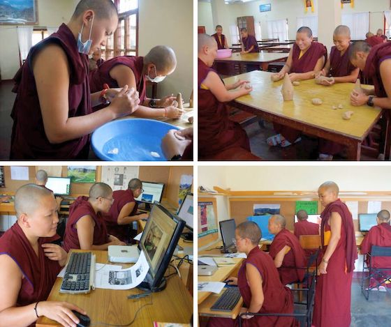 Tibetan Buddhist nuns learning traditional torma making and computing at Dolma Ling