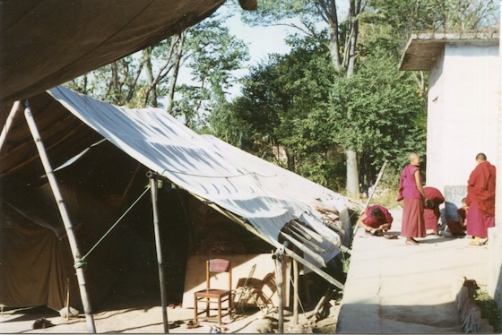 Makeshift buildings at Dolma Ling Nunnery 1993 by Julie Brittain