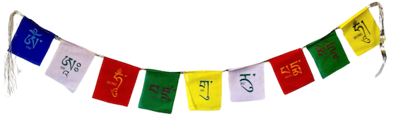 Tibetan prayer flags with the Vajra Guru mantra.