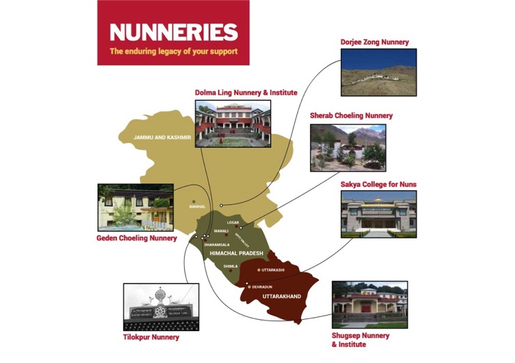 Tibetan nunnery, Buddhist nunnery, Map of Nunneries supported by the Tibetan Nuns Project, Tibetan Nuns Project, Tibetan Buddhist nunneries, Tibetan Buddhism, Tibetans in exile, Buddhist women, 
