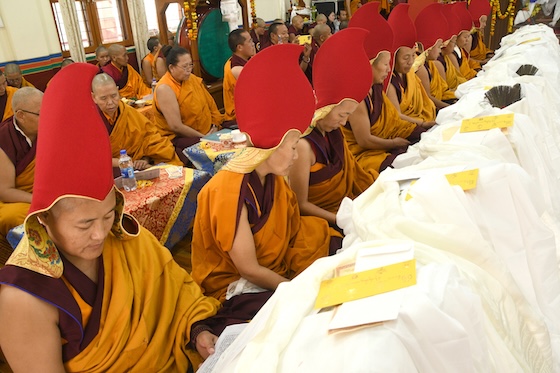 New Khenmos at Shugsep Nunnery receiving ceremonial kataks