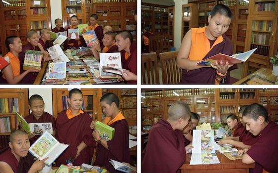 Tibetan Buddhist nuns at Shugsep Nunnery with new textbooks