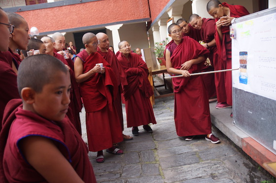 Nuns presenting science posters at Dolma Ling science fair
