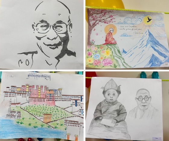 Art from painting contest by Shugsep nuns as part of celebrations of Dalai Lama's 90th birthday