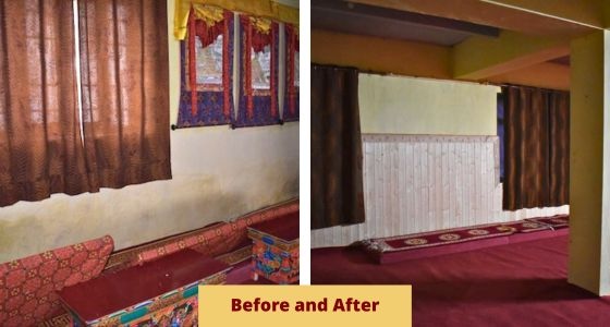 Prayer room and temple at Sherab Choeling before and after panelling
