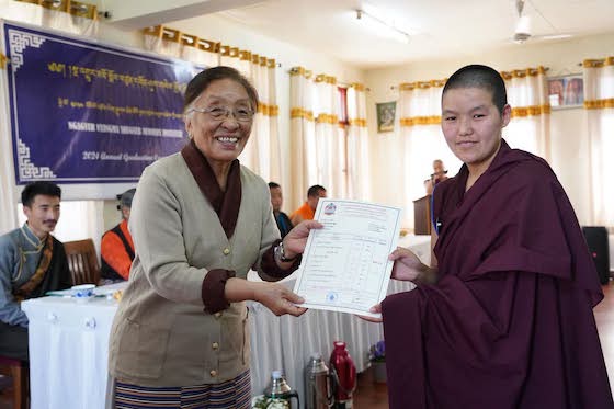 Rinchen Khando Choegyal, the Tibetan Nuns Project Founding Director and Special Advisor, at the annual Shugsep graduation ceremony on April 5, 2025.