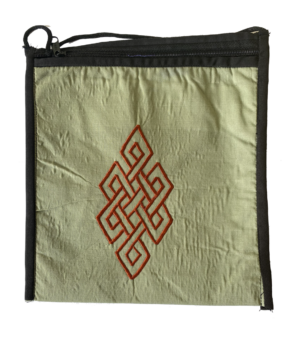 Silk Applique Bag-Sage Green handmade silk bags have a zipper closure and nylon strap are appliqued with the meaningful Eternal Knot symbol
