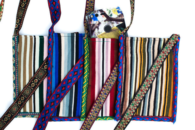 Apron Fabric Cell Phone Pouch Apron Fabric Cell Phone Pouch protects your phone, eyeglasses and other small valuables with a unique crossbody strap, utilizes part of a pangden, a traditional Tibetan apron with colorful stripes