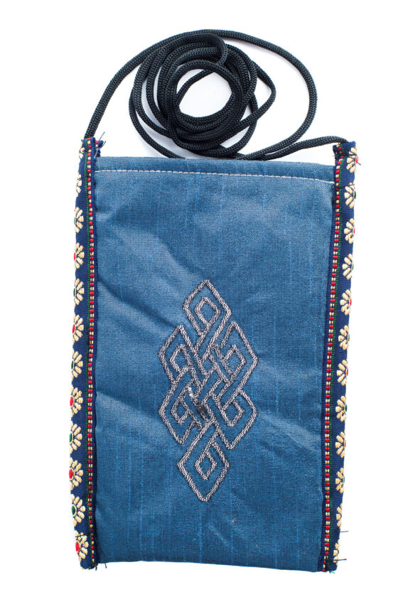 Cell Phone Pouch Cell Phone Pouch Blue protects your phone, eyeglasses and other small valuables with a unique crossbody strap and embroidered eternal knot symbol at its center, handmade by Tibetan Buddhist nuns