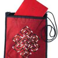 Silk Applique Bag-Red handmade silk bags have a zipper closure and nylon strap are appliqued with the meaningful Eternal Knot symbol