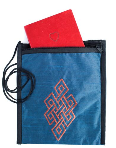 TNP_v2-80 Silk Applique Bag-Blue handmade silk bags have a zipper closure and nylon strap are appliqued with the meaningful Eternal Knot symbol