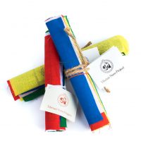 Tibetan multi-colored prayer flags are inscribed with auspicious symbols, invocations, prayers, and mantras, Prayer flags bring happiness, long life and prosperity