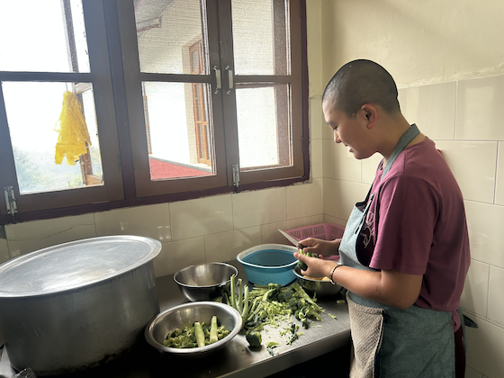 Tibetan Buddhist nun on kitchen duty at Shugsep Nunnery