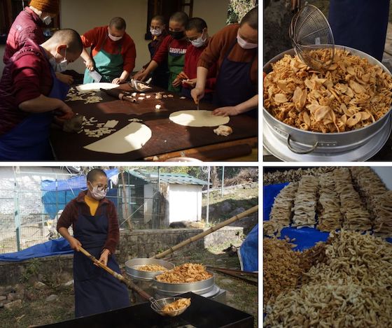 Tibetan Buddhist nuns making khapse for Tibetan New Year or Losar