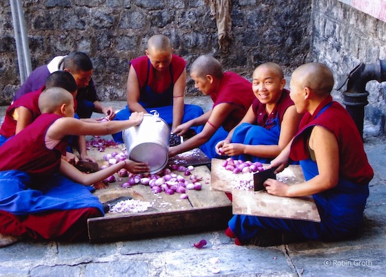 Tibetan Buddhist nuns at Dolma Ling Nunnery and Institute chopping onions ⓒ Robin Groth