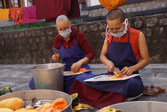 chopping papayas, Dolma Ling kitchen, Tibetan Buddhist nuns cooking