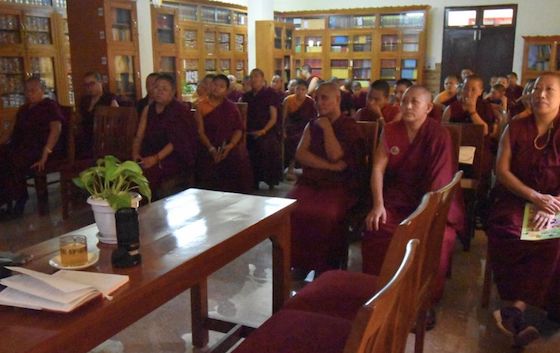 Nuns at Shugsep Nunnery gather in the library for a workshop on a rare Tibetan Buddhist tradition