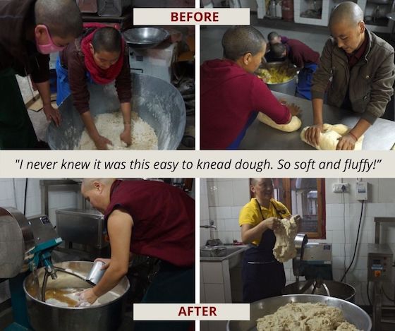 before and after, Tibetan Buddhist nuns using new dough machine