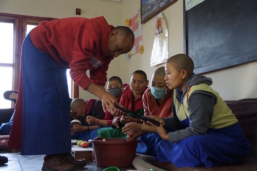 Tibetan nuns at Dolma Ling learning how to make Tibetan butter sculptures