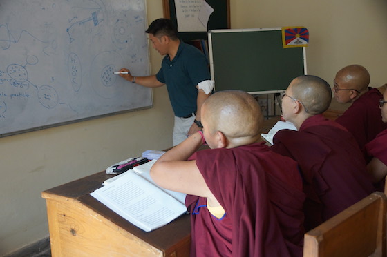 Trying to teach science on an old white board at Dolma Ling