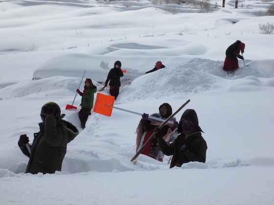 Winter at Sherab Choeling Nunnery in the Indian Himalayas nuns shovelling snow copy