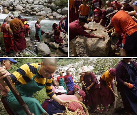 Tibetan Buddhist nuns working by the river