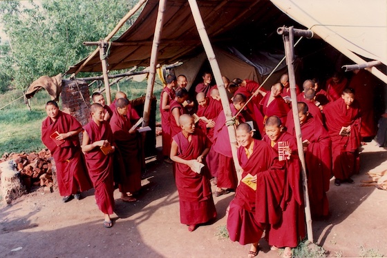 Tibetan refugee nuns outside a tent classroom in India