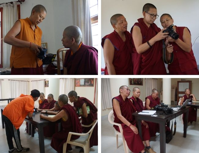 collage of photos showing Tibetan Buddhist nuns receiving media equipment training