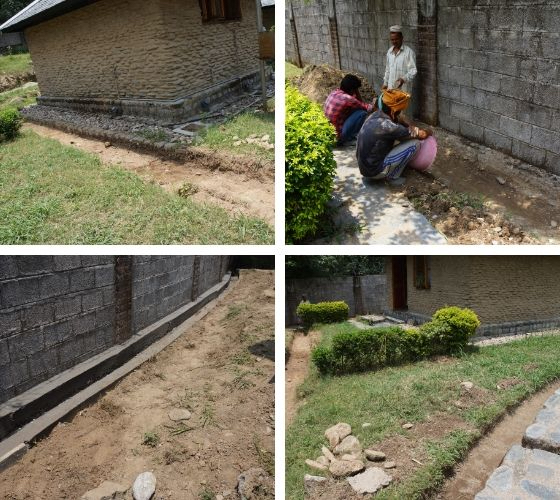 collage of photos showing retreat hut drainage work