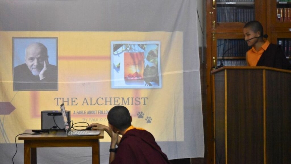 Tibetan Buddhist nuns explaining The Alchemist
