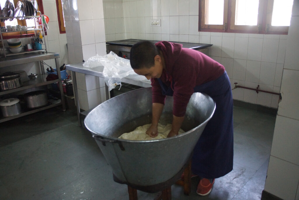 making dough, Dolma Ling Nunnery, inside the kitchen at Dolma Ling Nunnery